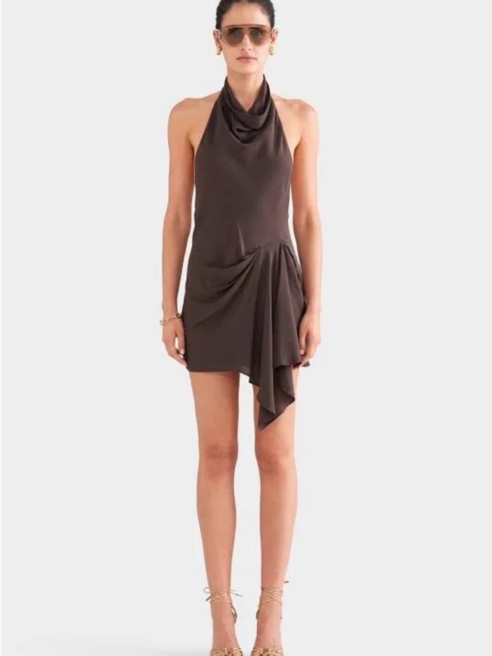 Venroy Halter Neck Draped Mini Dress in Chocolate Brown